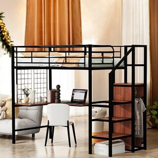 Modern Style Twin Size Metal Loft Bed with Desk and Metal Grid, Stylish Metal Frame Bed with Lateral Storage Ladder and Wardrobe