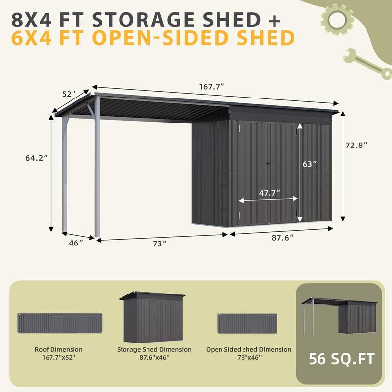 AECOJOY Outdoor Open-Sided Storage Shed Tool Shed Attached Hardtop Metal Pergola Gazebo