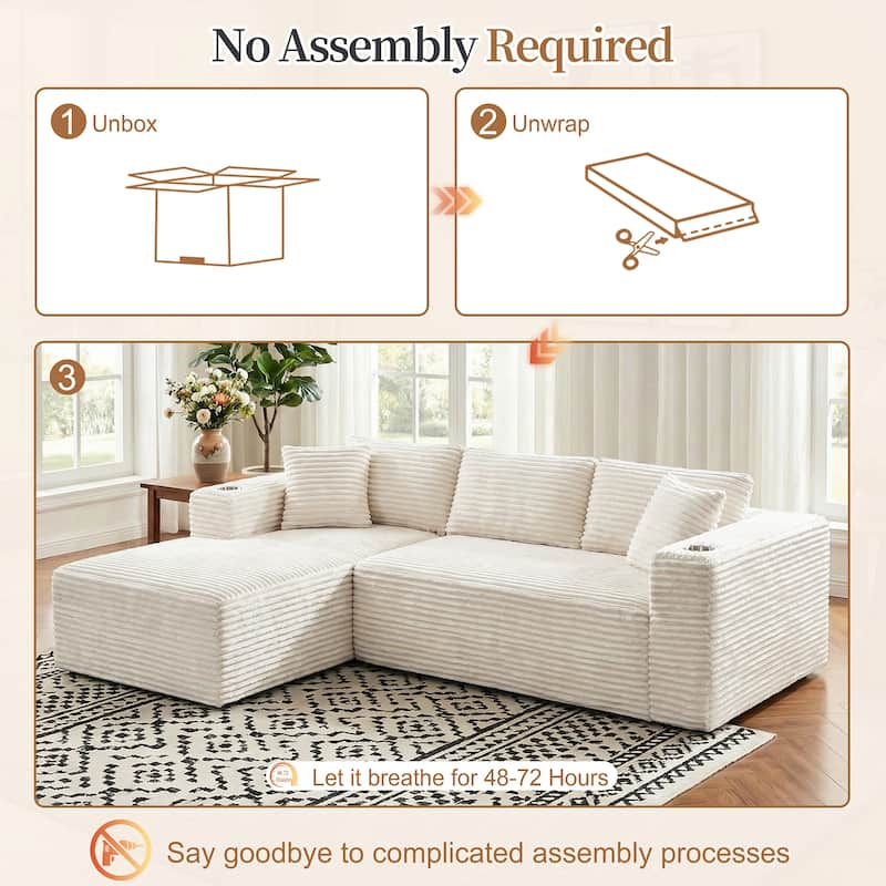 102'' No-Assembly Modular Corduroy Sofa with Cup Holder, Free Combination