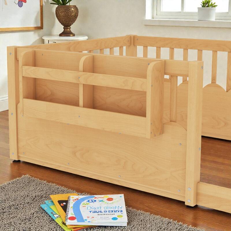 Twin Floor Bed with Heightened Fence and Bookshelf, Wooden Montessori Floor Bed for Kids, Low Profile Design