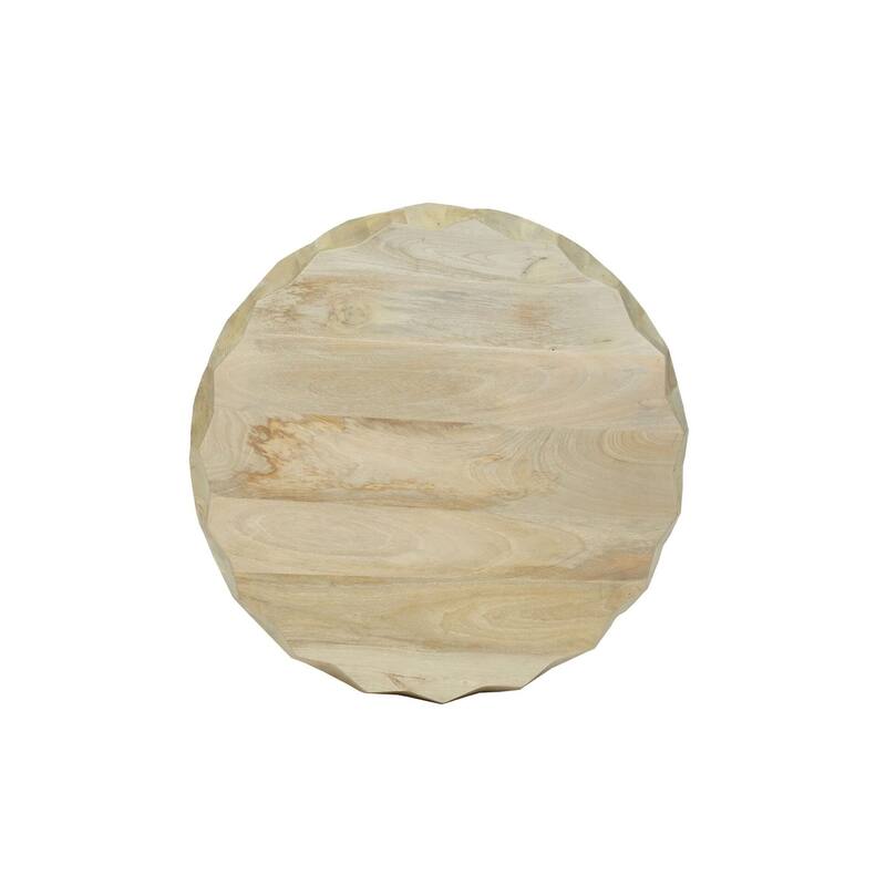 Facet 30" Diamond Carved Round Mango Wood Coffee Table - Elegant Cylindrical Base, Walnut Finish Accent Table