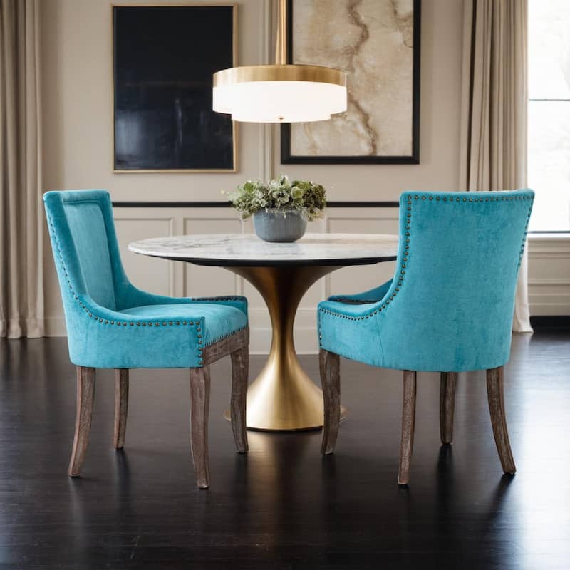 Dining Chair，Thickened fabric chairs with neutrally toned solid wood legs， Bronze nail head，Set of 2 - Blue