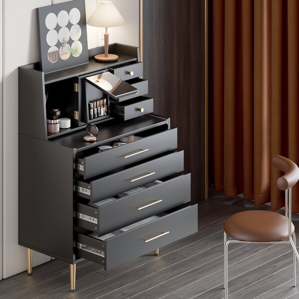 7 Drawers Dresser with Mirror Retractable Table and Hidden Storage