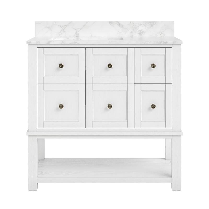 48" Bathroom Vanity with Sink, Marble Countertop Single Bathroom Vanity with 6 Drawers, White