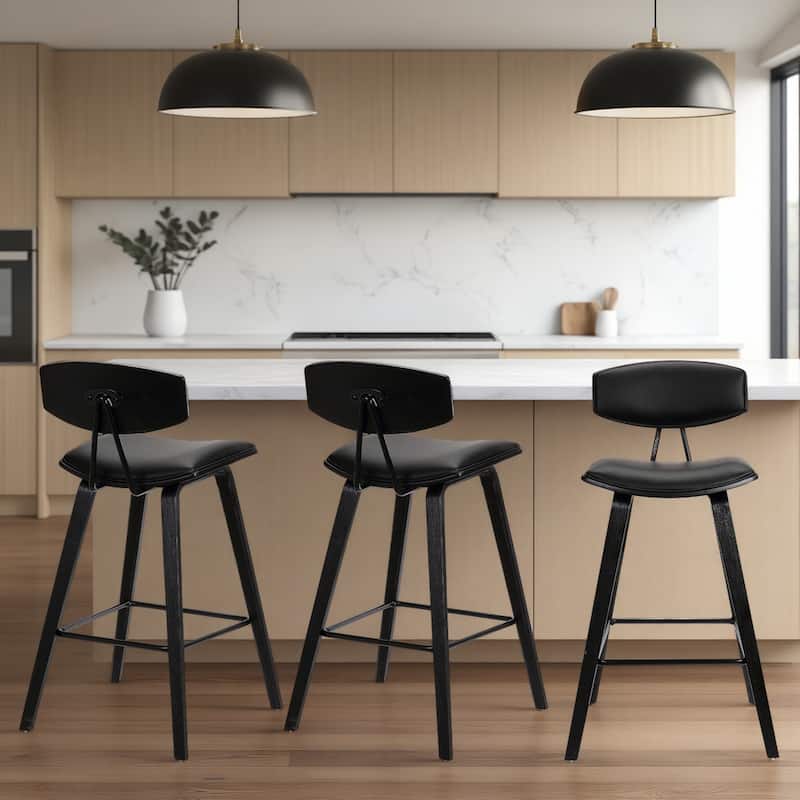 Fox Mid-Century Bar Stool, Upholstered Counter Height Chair with Bentwood Legs - Set of 3 - Black - Counter Height