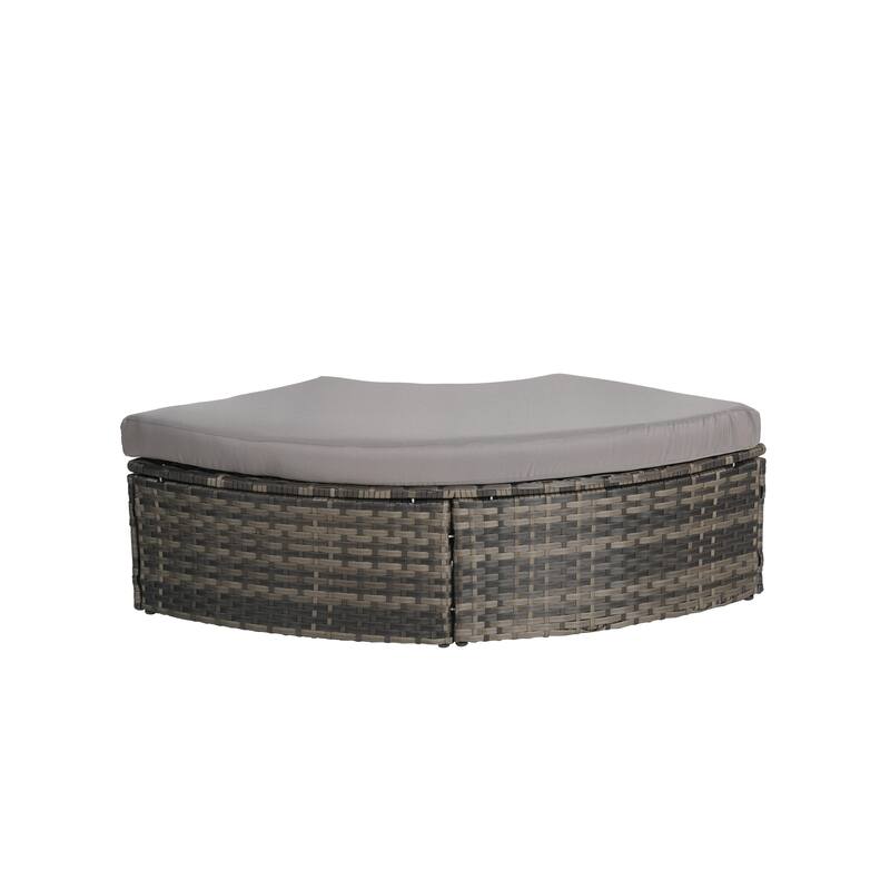 5-Piece Round Wicker Patio Daybed Set with Retractable Canopy, Cushioned Sofa and Ottomans, Hidden Coffee Table