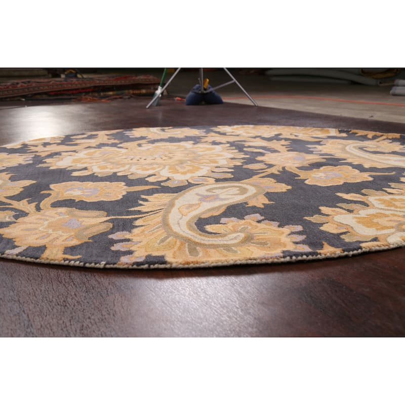 Charcoal Floral Paisley Oriental Area Rug Hand-tufted Wool Carpet - 8'0" x 8'0" Round