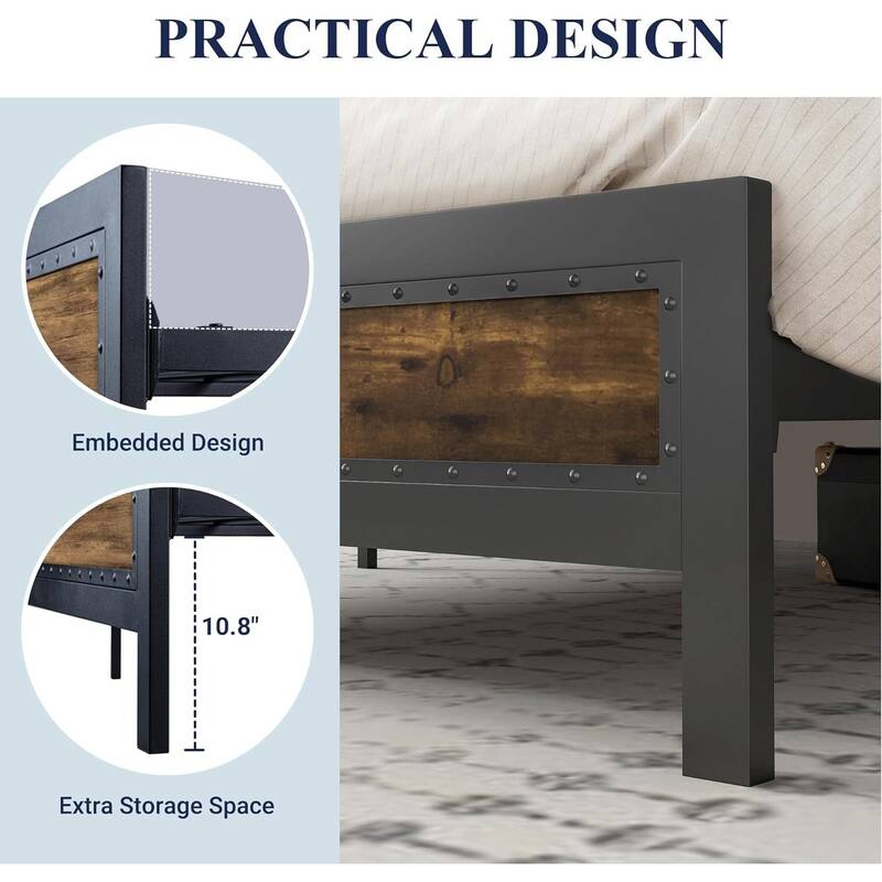Metal Platform Bed Frame with Rustic Headboard for Bedroom
