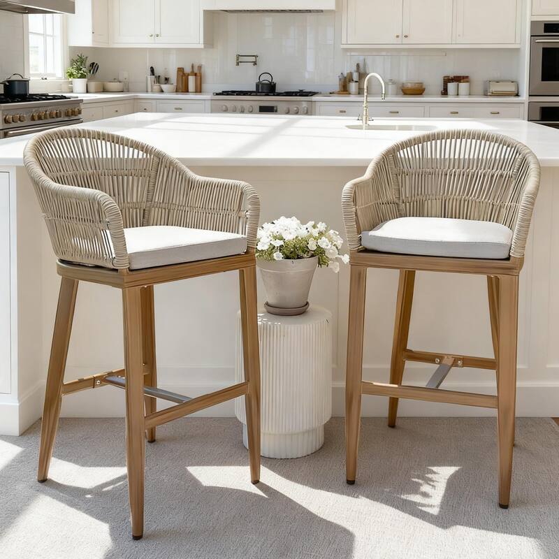 PURPLE LEAF Modern Rattan Bar Stools Set of 2 with Cushion and Back Counter Stools