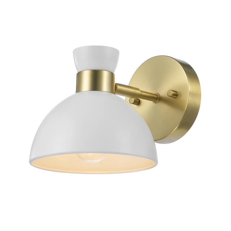 1-Light Matte Brass Plug-In or Hardwire Wall Sconce with Matte White Pivoting Metal Shade - 8.75"