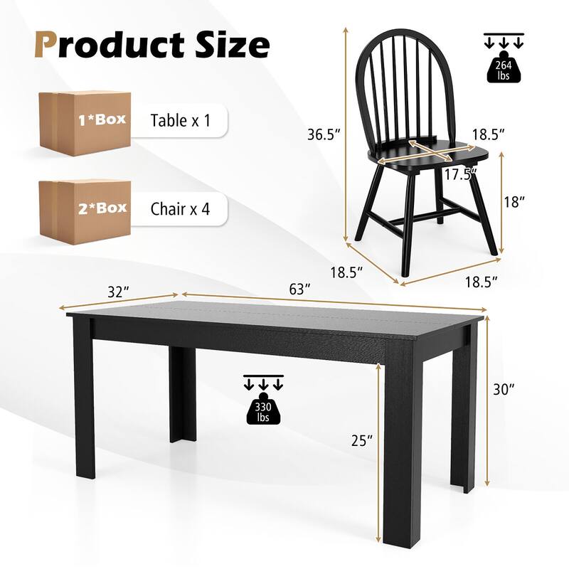 Gymax 5 PCS Dining Set Rectangular Wooden Dining Table 4 Windsor