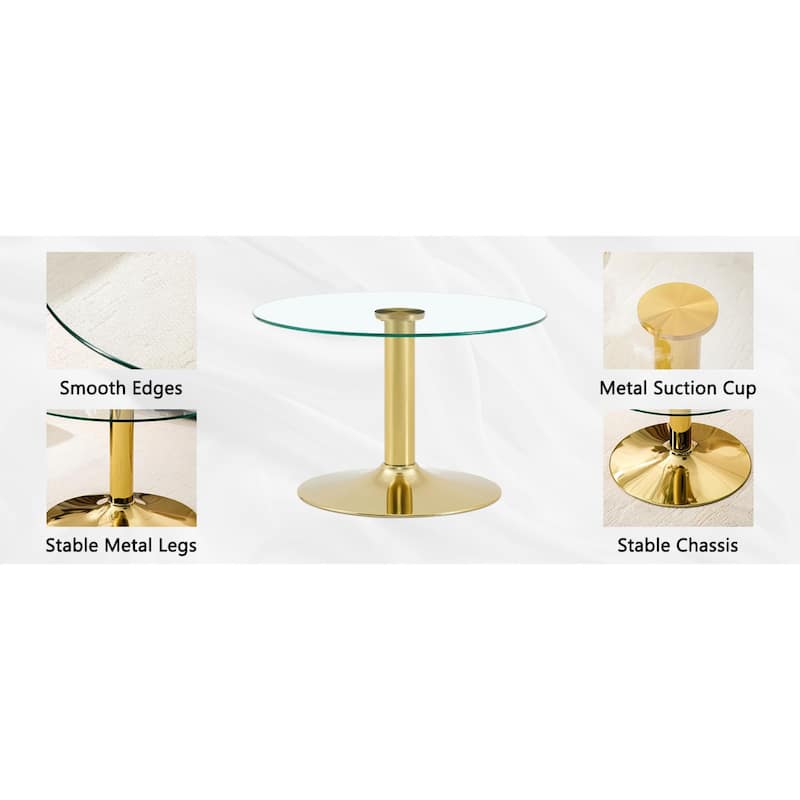 Roomfitters 27.5-Inch Round Tempered Glass Coffee Table, Metal Base, Circular Center Table, Modern Minimalist