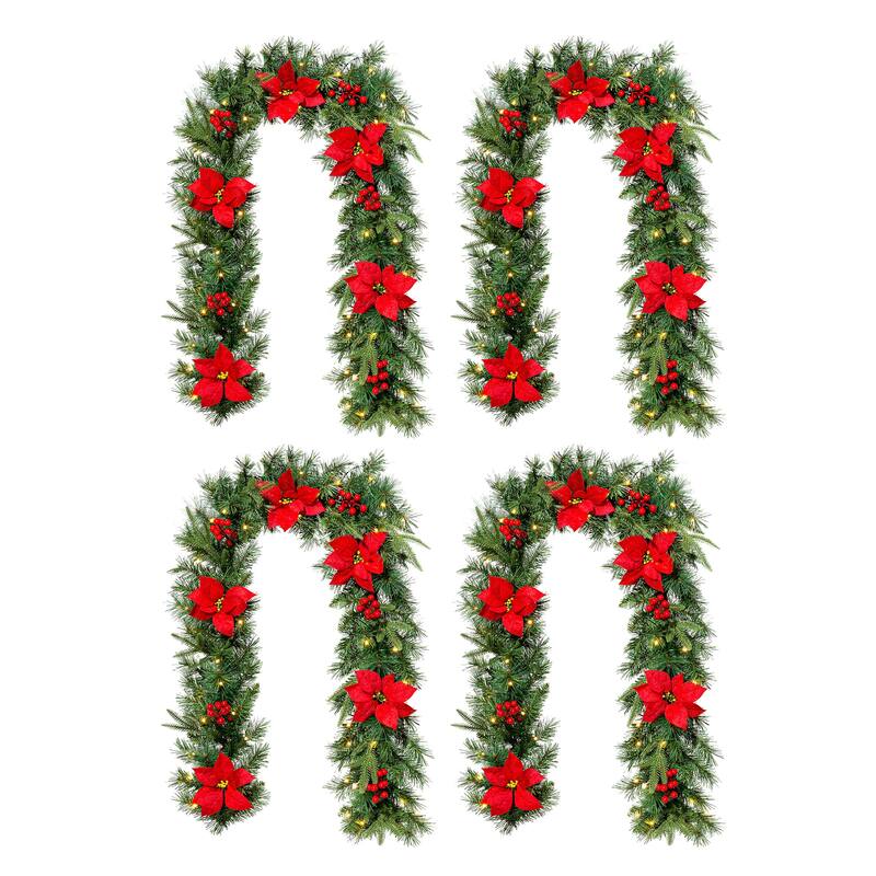 Glitzhome Set of 2/4 6ft Pre-Lit Flocked Greenery Pine White Poinsettia Christmas Garland - Red *4