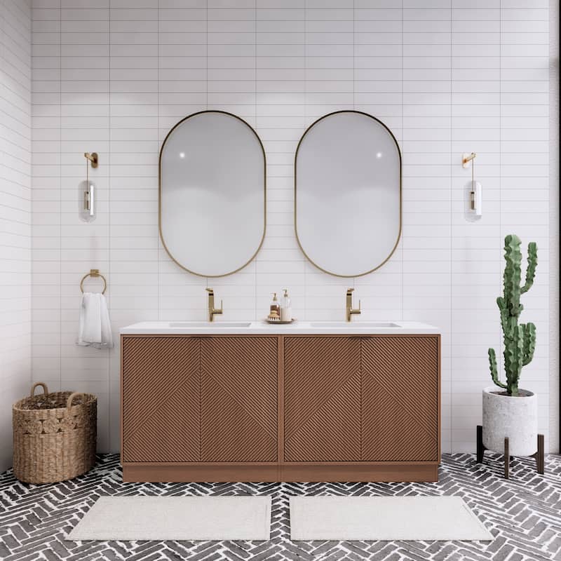 Milano 72" Freestanding Bathroom Vanity with Double White Sink - 70.86" x 19.49" x 35.46'' - Brown
