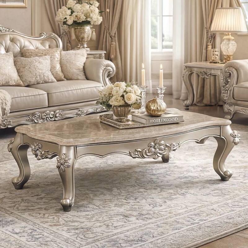 Traditional Style Rectangular Wood and Marble Coffee Table, Silver