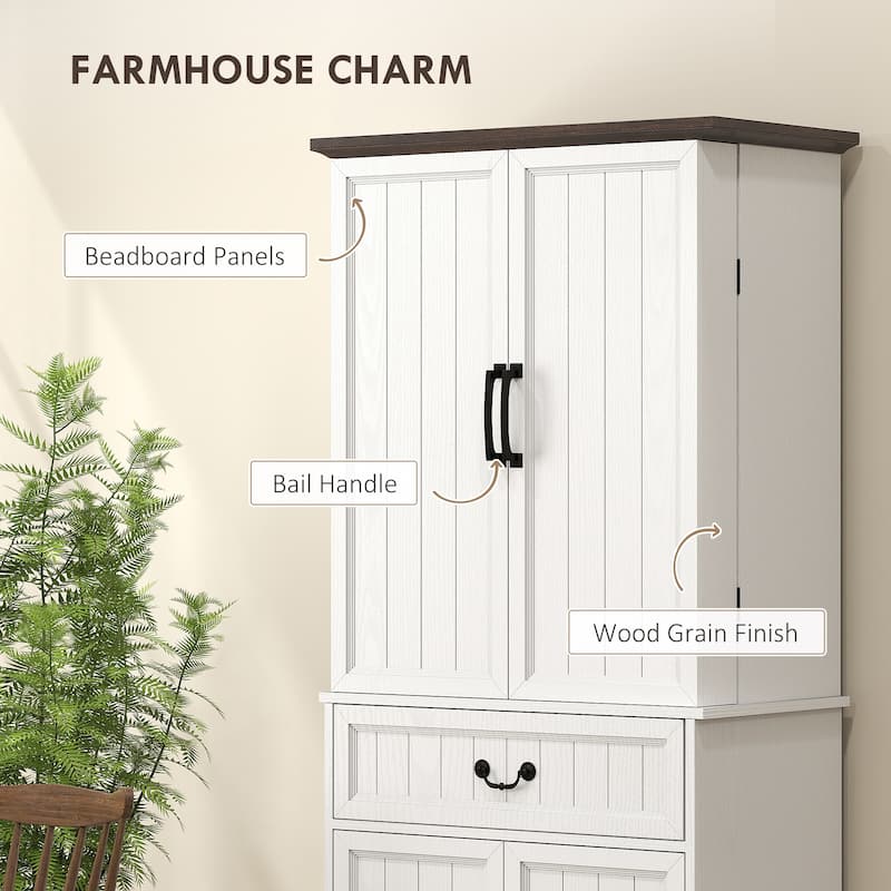 HOMCOM 71" LED Kitchen Pantry Cabinet, Farmhouse Tall Freestanding Storage Cabinet with Door Shelves for Kitchen and Dining Room