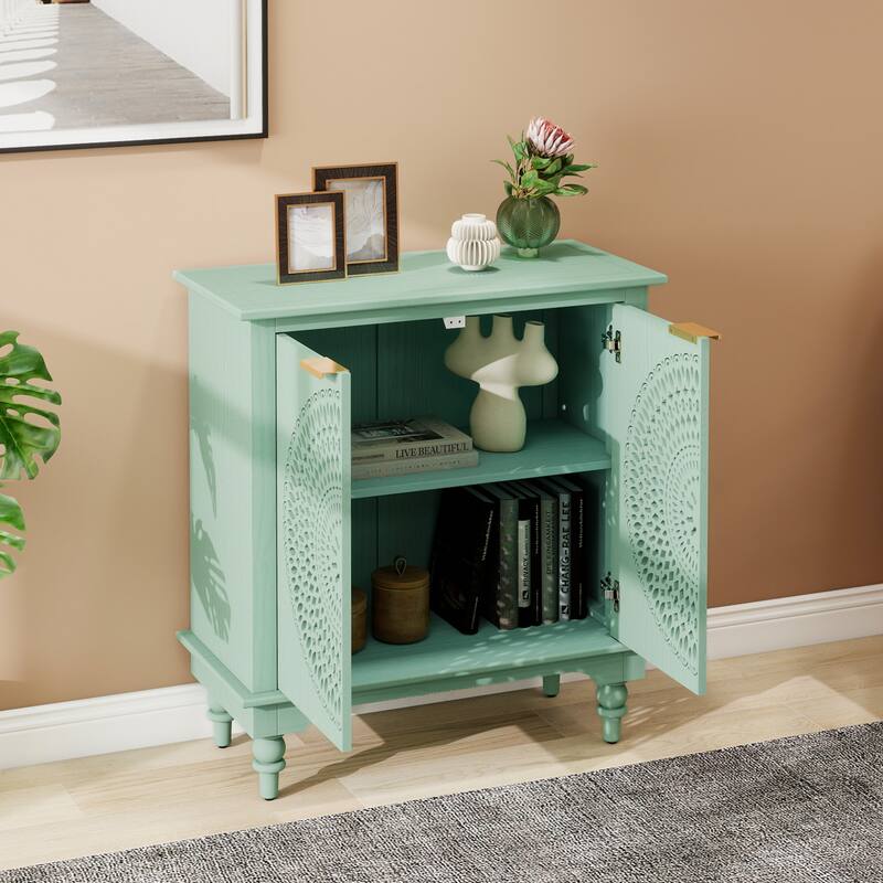GDFStudio - Manchuria Crest American Style Hollow-Carved Storage Accent Cabinet with 2 Doors