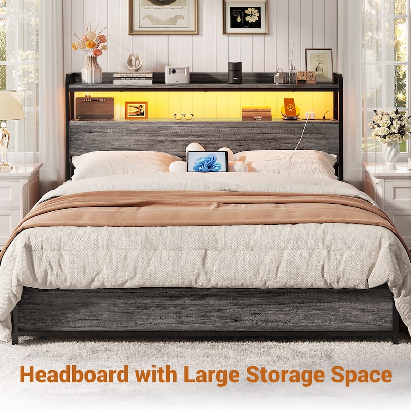Headboard with Storage Drawers and LED Light, Head Board with Outlets, USB Ports
