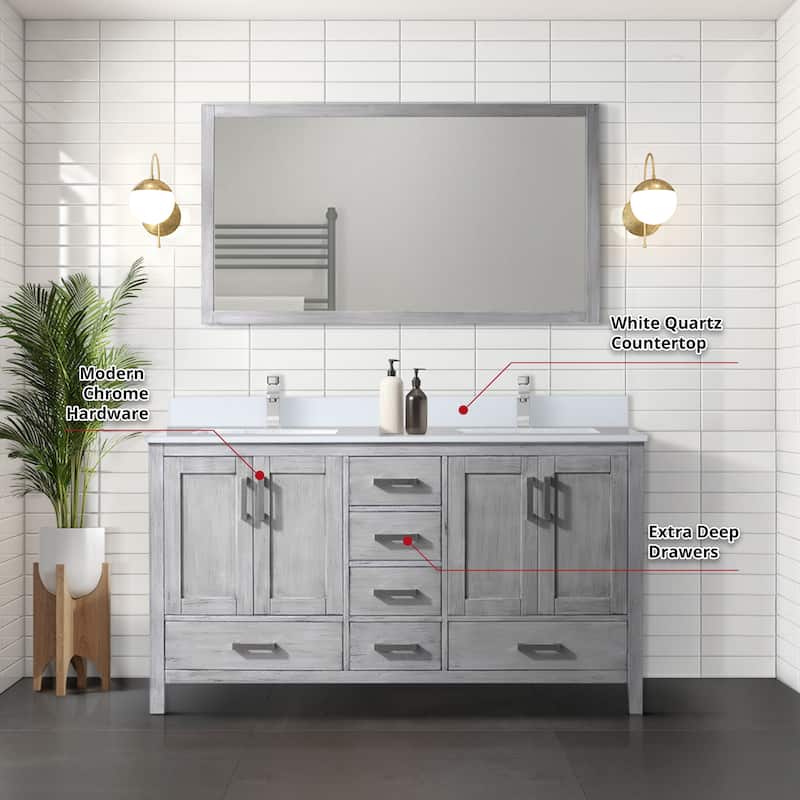 Jacques 60 in. W x 22 in. D Distressed Grey Double Bath Vanity, White Quartz Top, and 58 in. Mirror