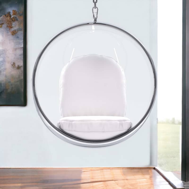 HomeRoots 42" White and Silver Acrylic and Faux Leather Hanging Balloon Chair - 42' X '42' X '25 - 42' X '42' X '25