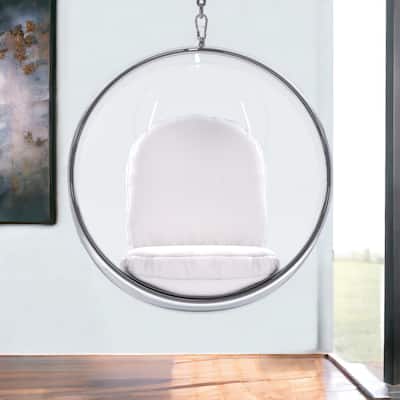 HomeRoots 42" White and Silver Acrylic and Faux Leather Hanging Balloon Chair - 42' X '42' X '25