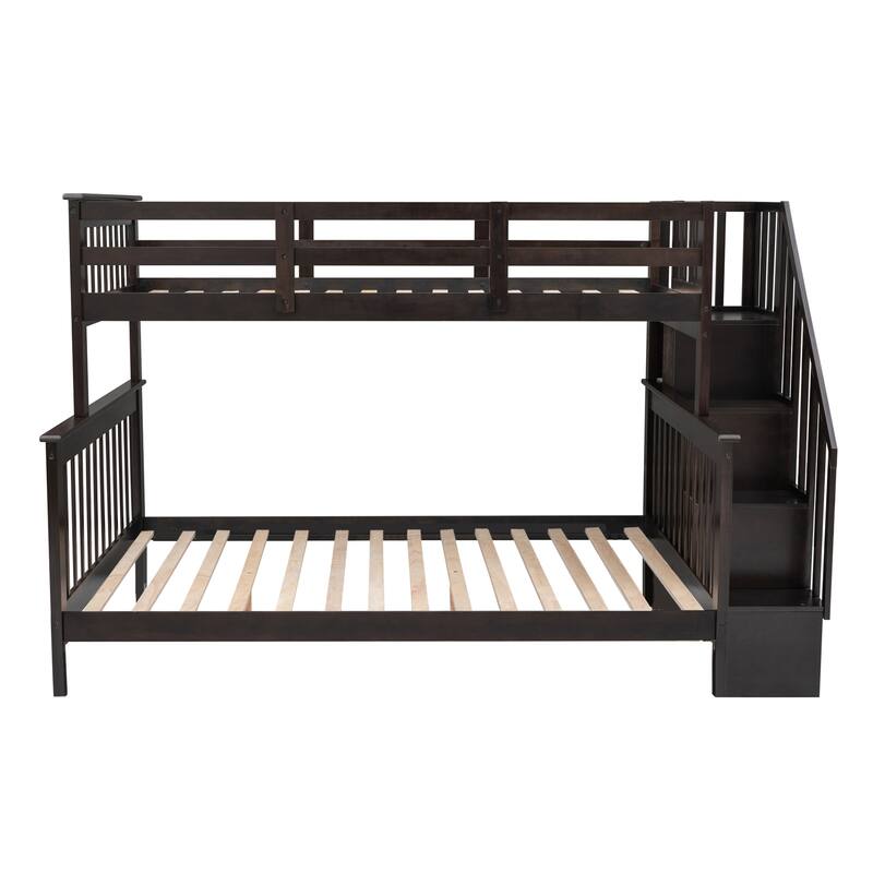 Espresso Twin-Full Bunk Bed with Stairway and Guardrail