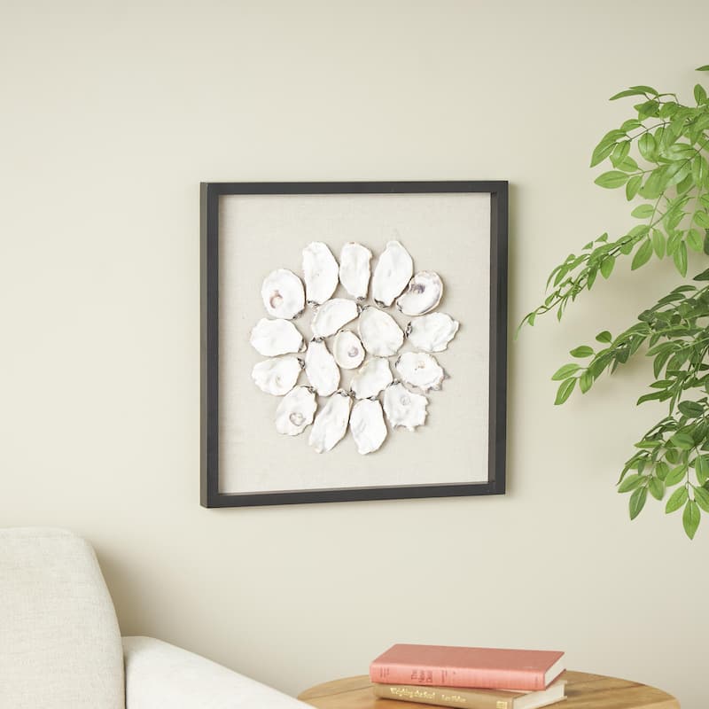 Shell Handmade Abstract Circular Wall Decor with Beige Linen Backing and Black Frame - Cream - Roche River Decor
