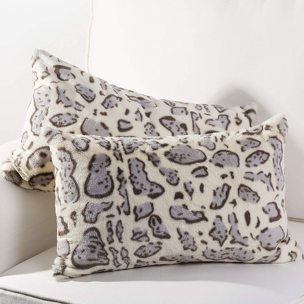 Collection Set of 2 Faux Fur Leopard Faux Fur Pillows, Animal Print Faux Fur