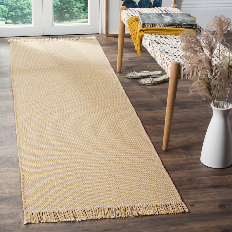 SAFAVIEH, Handmade Montauk Cliff Stripe Flatweave Cotton Fringe Rug - 2'3" x 8' Runner - Ivory/Yellow