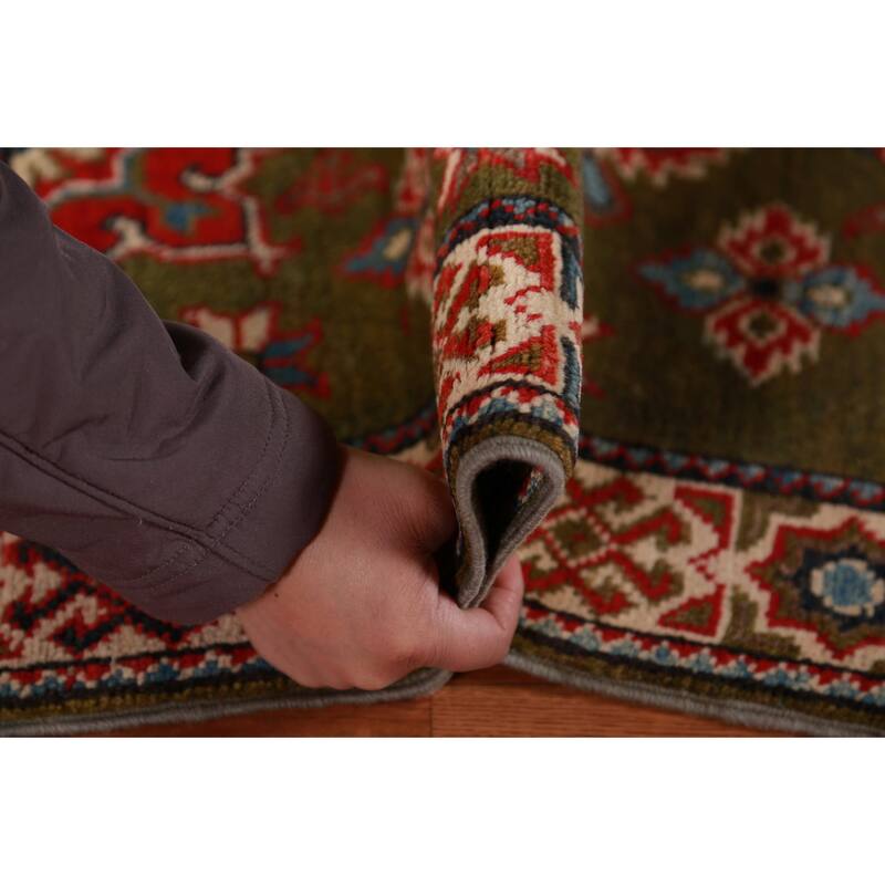 Green Kazak Oriental Foyer Rug Geometric Hand-Knotted Wool Carpet - 2'0"x 3'0"