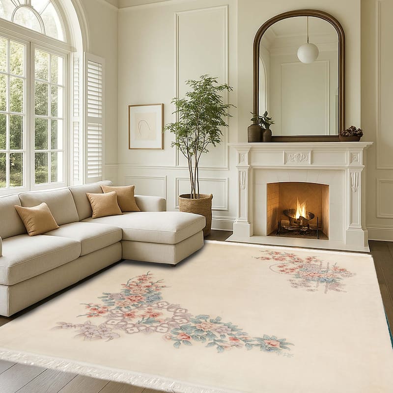 Gertmenian Oriental Estate Traditional Oriental Floral Border Metallion Hand Knot Wool Area Rug Collection - Verdant Ivory - 8x10