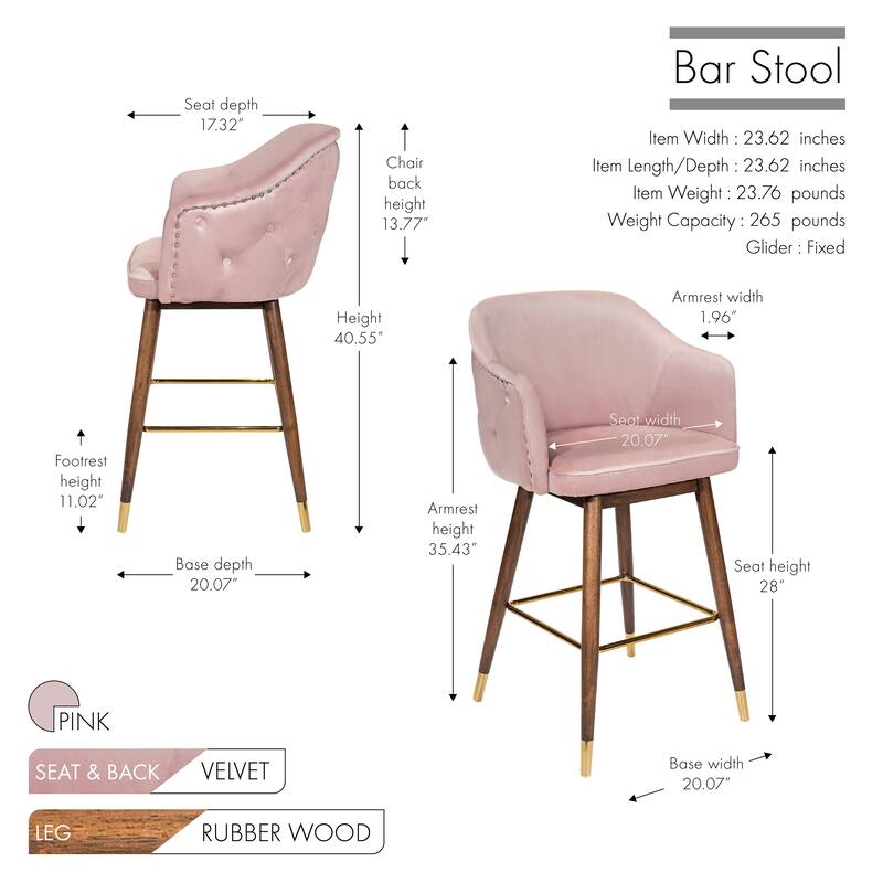 Porthos Home Orla Velvet Upholstered Bar Stools with Rubberwood Legs, Set of 2