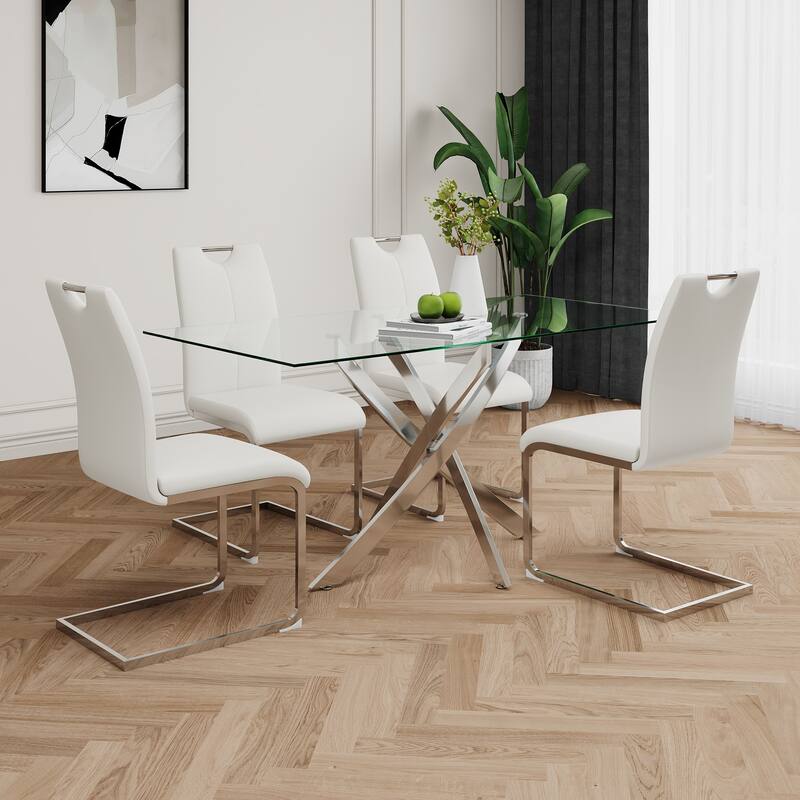 Modern Set of 2 Dining Chairs with Leather Cushioned Seat, Chrome Metal Legs, for Dining Room, Living Room, and Bedroom