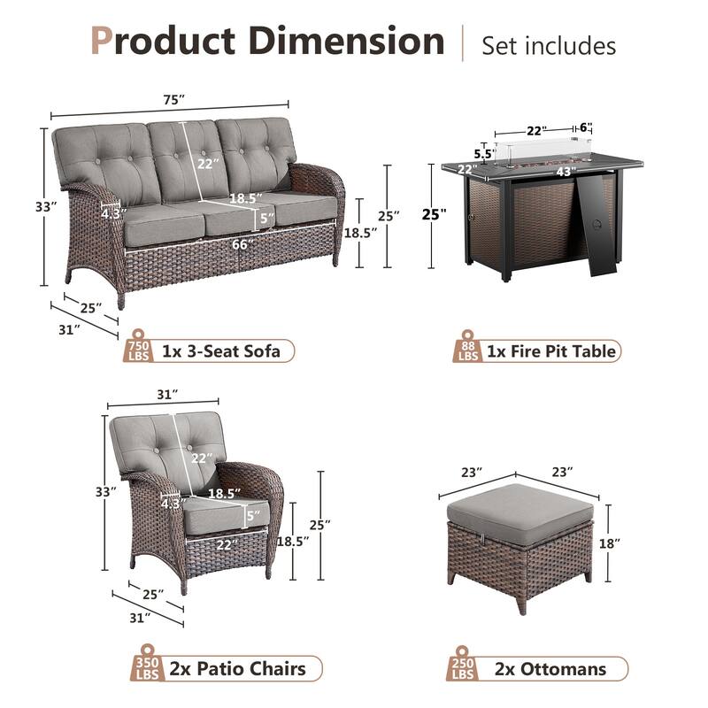 Pocassy Outdoor 43 In Fire Table with Sofa Patio Chair Set