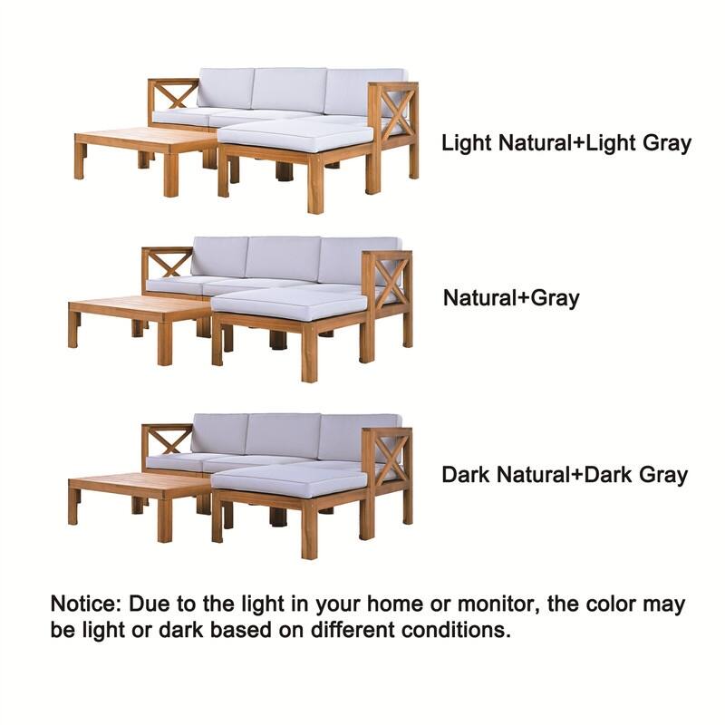 5-Piece Acacia Wood Patio Furniture Set, Outdoor Sectional Conversation Sets Sofa Set with Coffee Table and X-Back Wood Frame