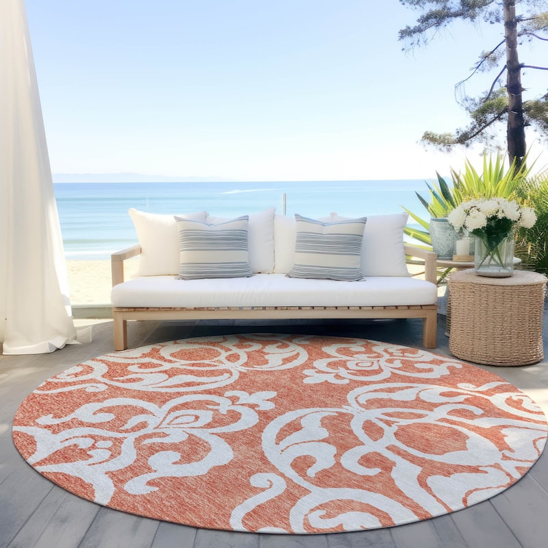 Machine Washable Indoor/ Outdoor Damask Glam Chantille Rug - Coral - 8' x 8'