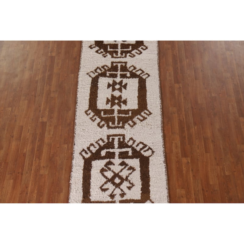 Natural Dye Anatolian Runner Rug Handmade Beige Turkish Wool Carpet - 3'2"x 11'4"