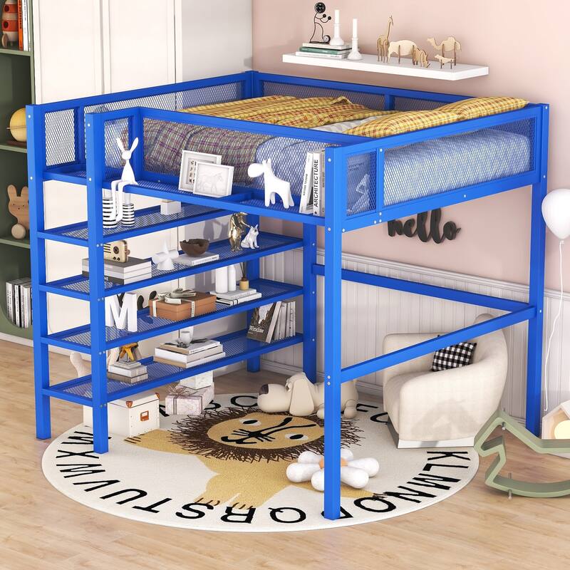 Twin/Full Metal Loft Bed with Built-in Desk, Shelves, and Storage, Modern Design