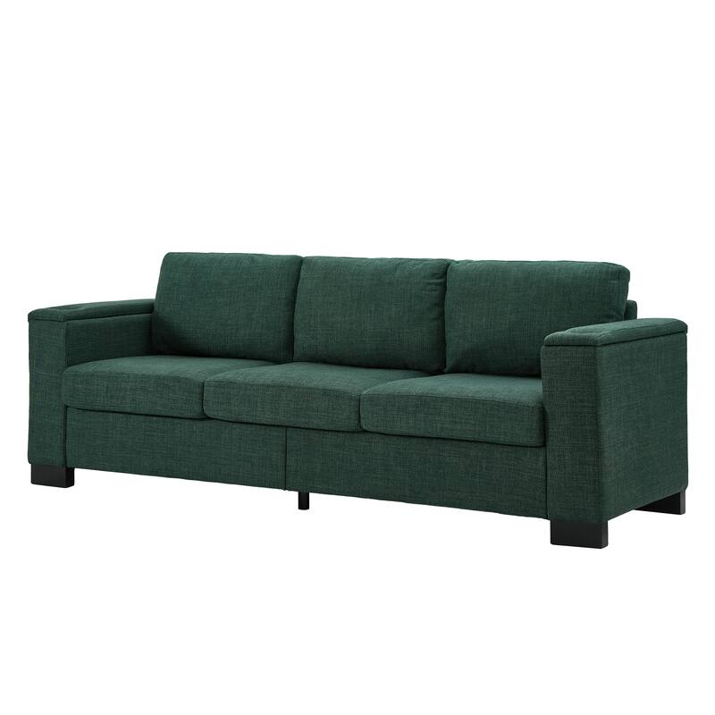 Fabric Upholstered 3 Seater Sofa, Lounge Sofa with Square Arm, Oversized Deep Seat Sofa with Storage & Cup Holders