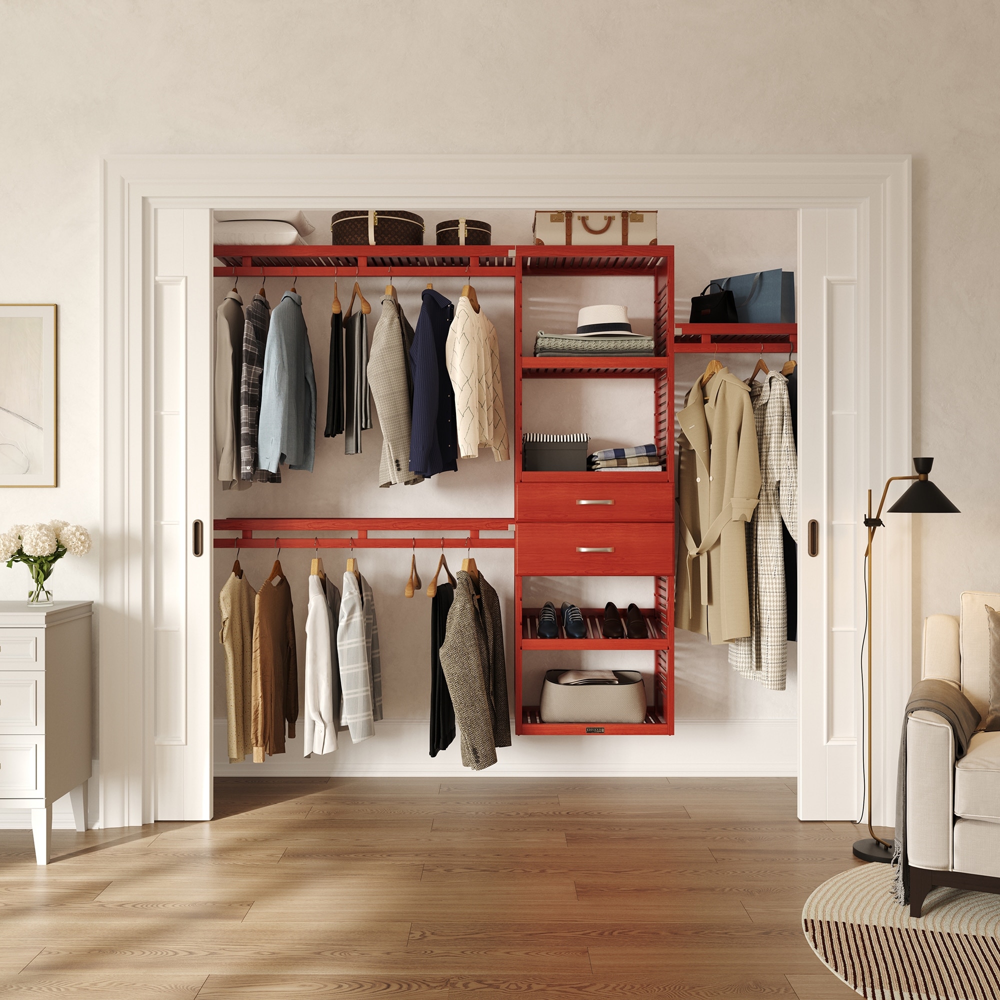 John Louis Home Solid Wood Reach-In Simplicity Closet Sytem with 2-Drawers Red Mahogany