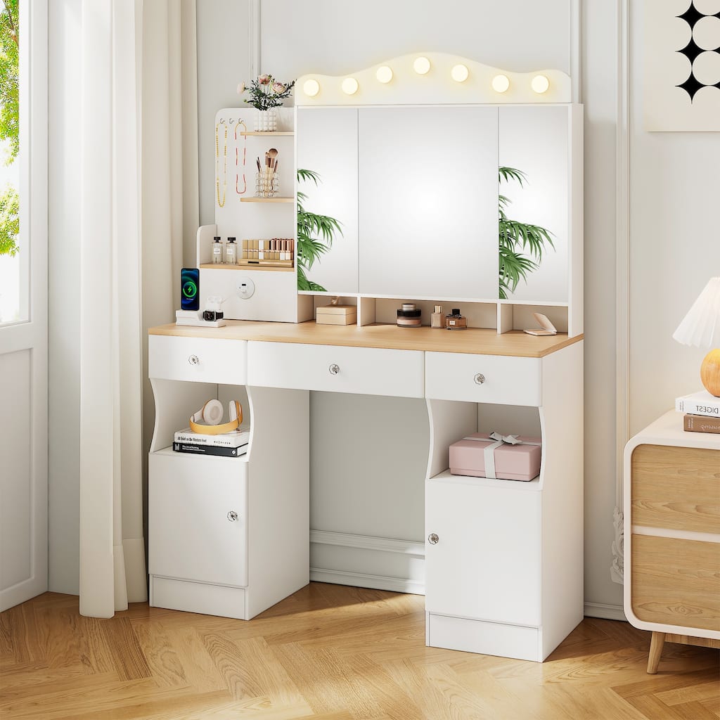 Vanity Desk with Mirror and Lights,Makeup Vanity with 2 USB Power Strip, Vanity Set with Three Drawers and Two Cabinet