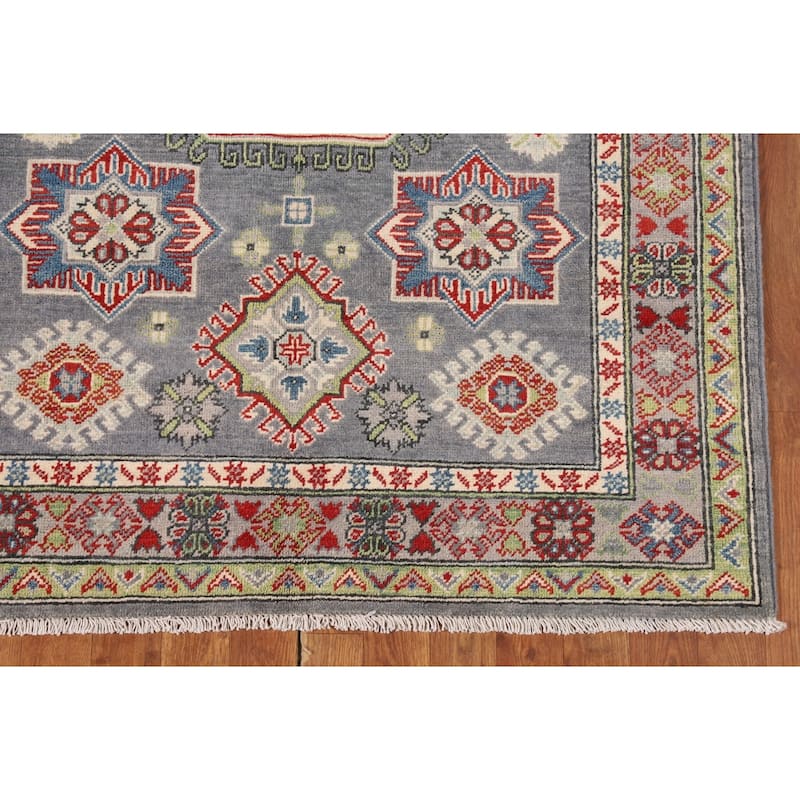 Geometric Kazak Rug Hand-Knotted Grey Oriental Wool Carpet - 4'0" x 6'0"