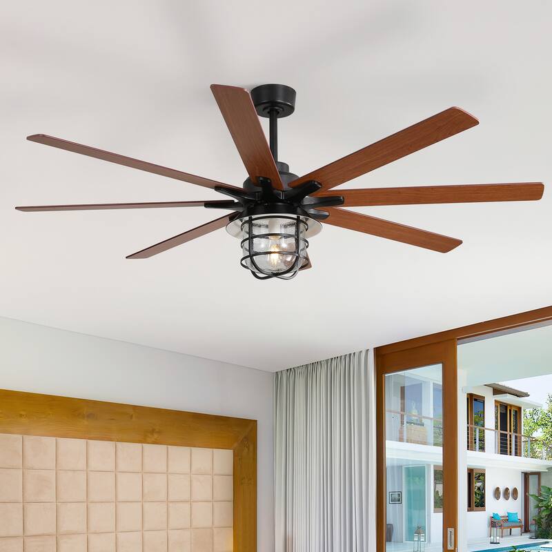 52/66-In Farmhouse Style Industrial Windmill Large Ceiling Fan with Light and Remote - 66in with Glass Shade - Black with Brown Blades
