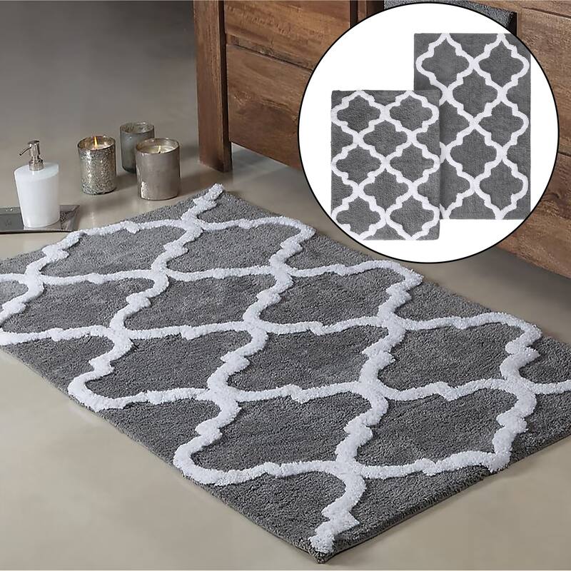 Grey 2 Piece Trellis Plush Soft Cozy 100% Cotton Bath Mat Set - Grey