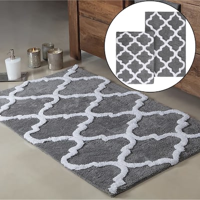 Grey 2 Piece Trellis Plush Soft Cozy 100% Cotton Bath Mat Set