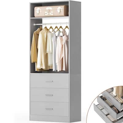 Kyrvo 24" Freestanding Closet Organizer System with Hanging Rod & Shelves,Heavy Duty Closet System with 3 Wood Drawers