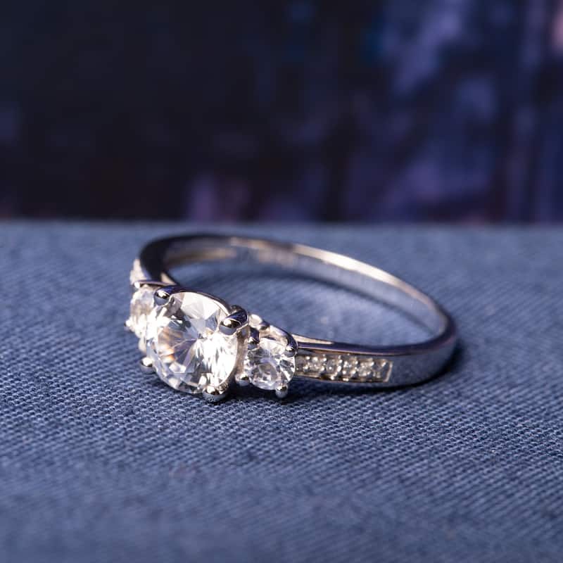 3-Stone Sapphire and Diamond 10k White Gold Engagement Ring by Miadora