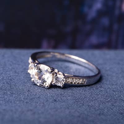 3-Stone Sapphire and Diamond 10k White Gold Engagement Ring by Miadora