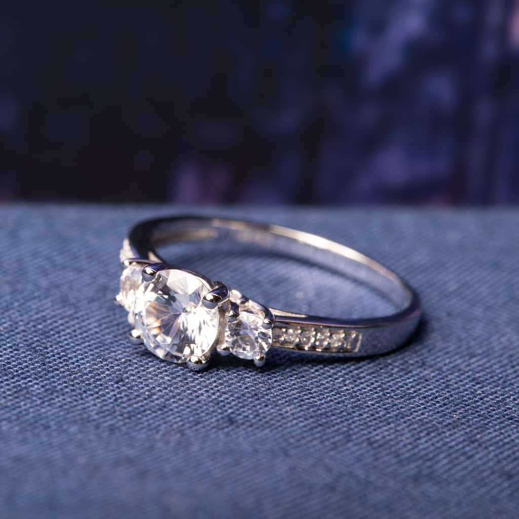 3-Stone Sapphire and Diamond 10k White Gold Engagement Ring by Miadora