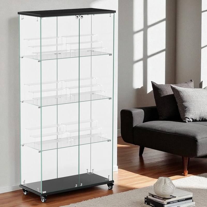 Glass Display Cabinet with Doors & Locks, Acrylic Shelves, Floor Standing Storage Showcase for Home or Office